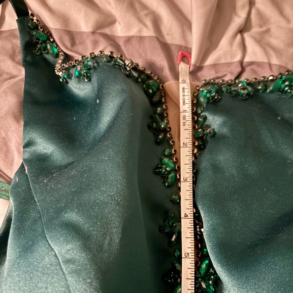 Mori Lee Emerald Green Fit and Flare Satin Cocktail Hoco Dress - Picture 3 of 4
